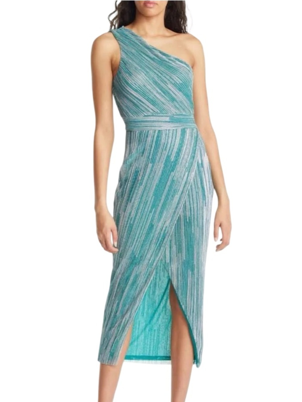 🩵🤍🩶 SAYLOR One-Shoulder Teal Shimmer Midi Dress Formalwear Gown Metallic